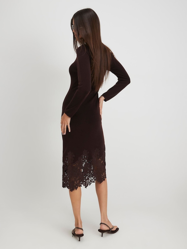 River Island Brown Lace Hem V-Neck Jumper Midi Dress - Image 4 of 4