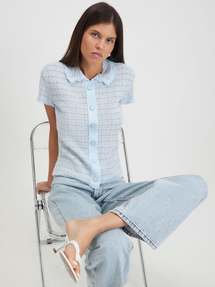 River Island Blue Knit Button Through Boucle Top - Image 1 of 4 River Island Blue Knit Button Through Boucle Top - Image 1 of 4