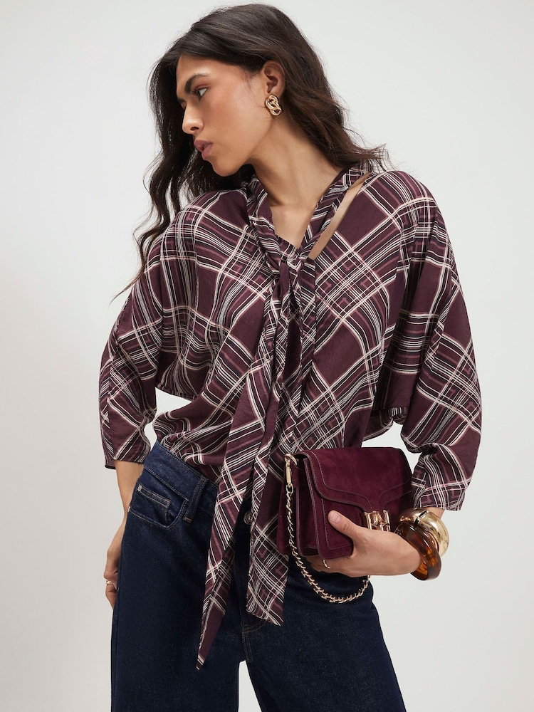 River Island Red Check Pussybow Blouse - Image 1 of 4