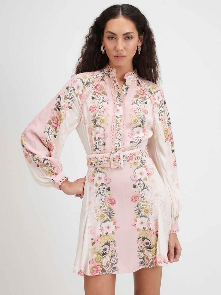 River Island Pink Floral Print Lace Detail Shirt Dress - Image 1 of 4 River Island Pink Floral Print Lace Detail Shirt Dress - Image 1 of 4