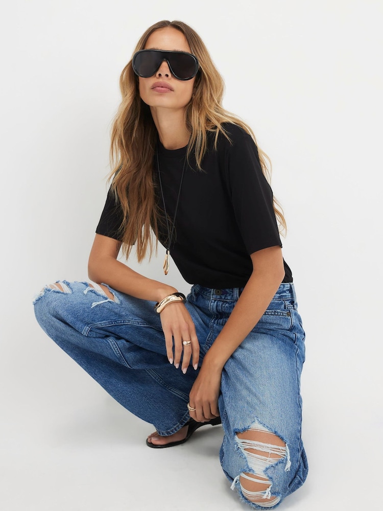 River Island Blue Ripped Relaxed Straight Leg Jeans - Image 4 of 4 River Island Blue Ripped Relaxed Straight Leg Jeans - Image 4 of 4