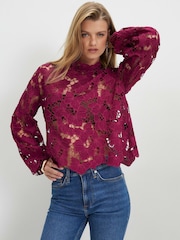 River Island Red Long Sleeve Cutwork Blouse - Image 1 of 4