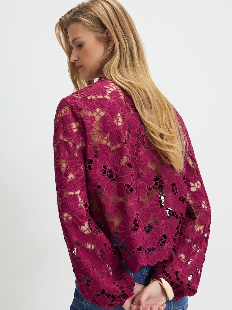 River Island Red Long Sleeve Cutwork Blouse - Image 2 of 4
