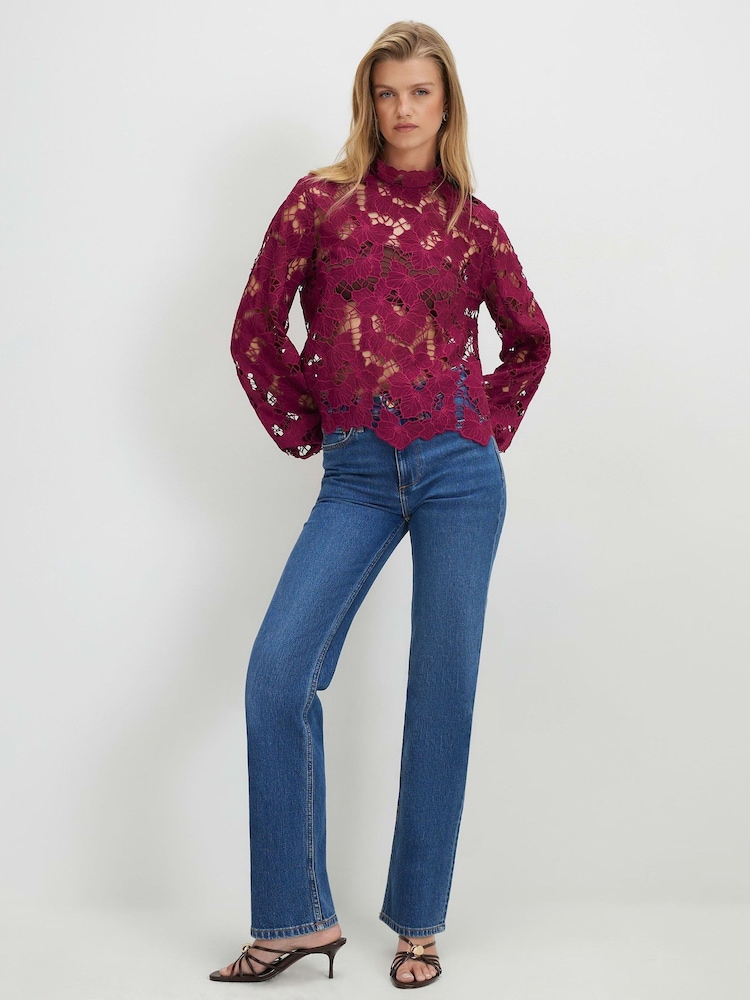 River Island Red Long Sleeve Cutwork Blouse - Image 4 of 4