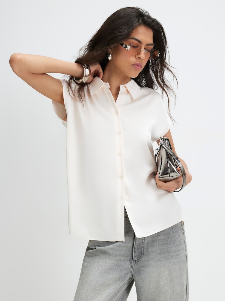 River Island Cream Satin Short Sleeve Relaxed Fit Shirt - Image 4 of 4