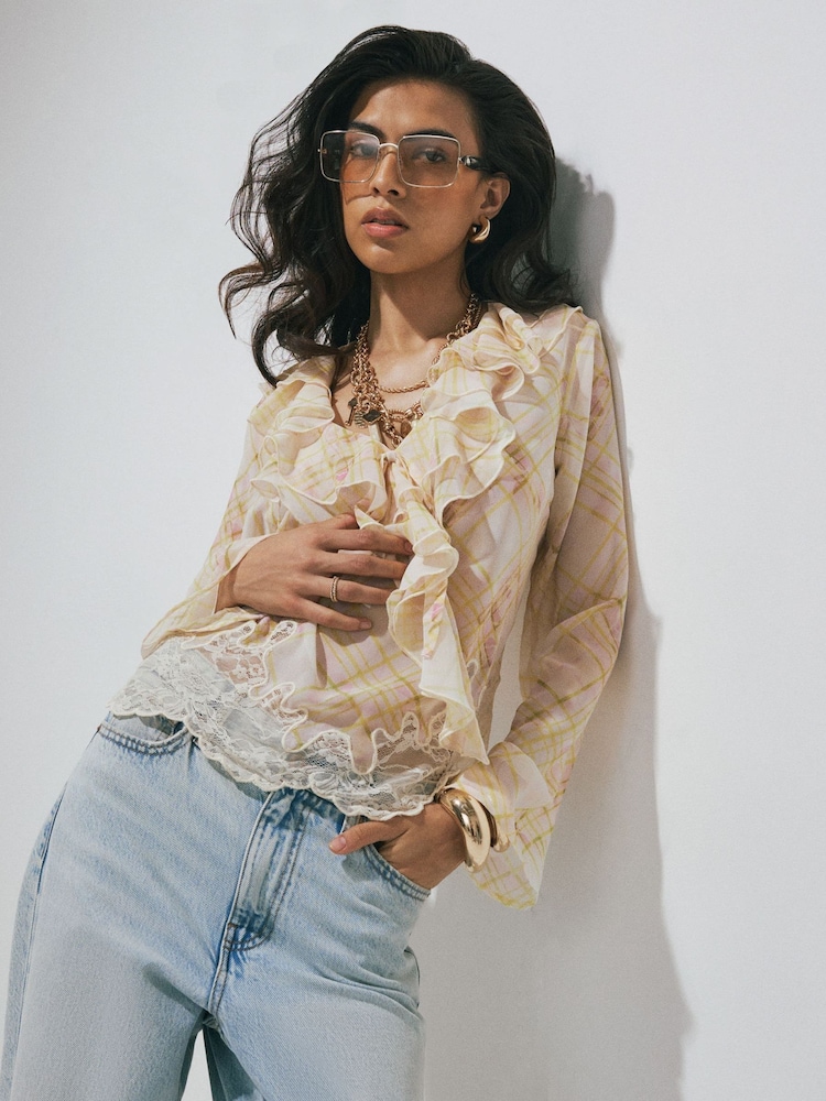River Island Cream Soft Ruffle Check Blouse - Image 1 of 4