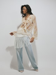 River Island Cream Soft Ruffle Check Blouse - Image 2 of 4