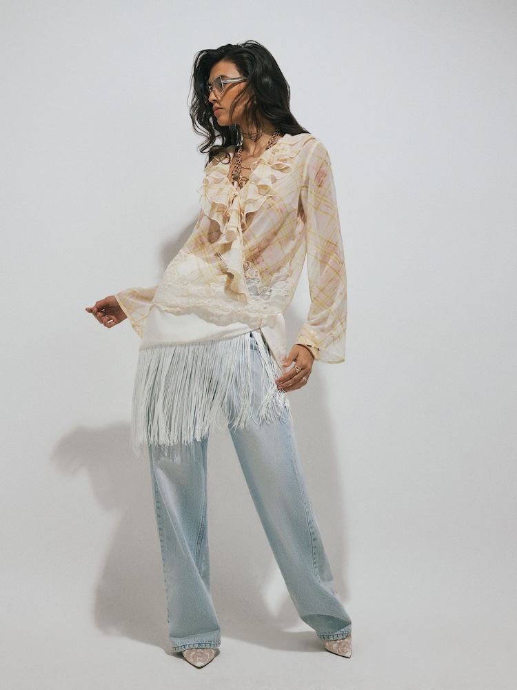 River Island Cream Soft Ruffle Check Blouse - Image 2 of 4