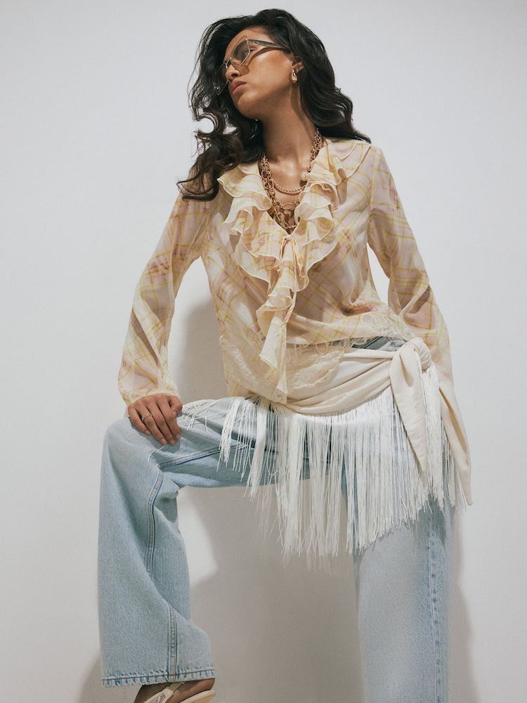 River Island Cream Soft Ruffle Check Blouse - Image 4 of 4