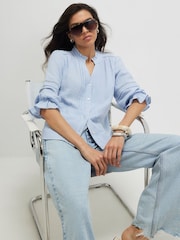 River Island Blue Cotton Frill Sleeve Pintuck Blouse - Image 1 of 4