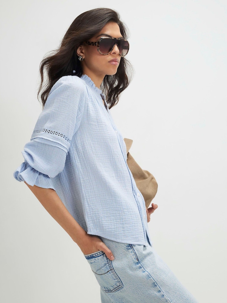 River Island Blue Cotton Frill Sleeve Pintuck Blouse - Image 2 of 4