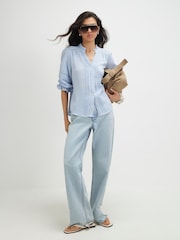 River Island Blue Cotton Frill Sleeve Pintuck Blouse - Image 3 of 4