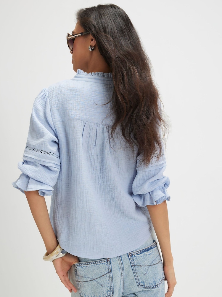 River Island Blue Cotton Frill Sleeve Pintuck Blouse - Image 4 of 4
