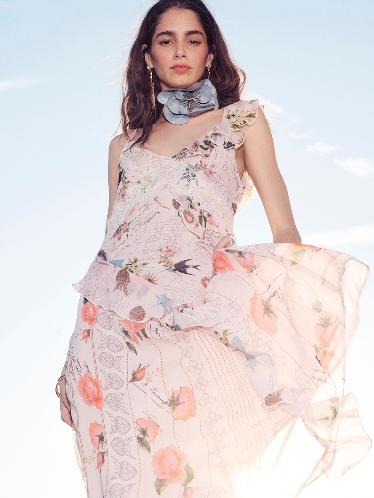 River Island Pink Poet Print Slip Midi Dress - Image 1 of 5