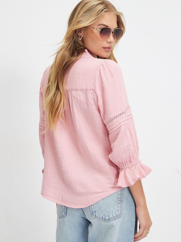 River Island Pink Cotton Frill Sleeve Pintuck Blouse - Image 2 of 4