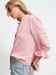 River Island Pink Cotton Frill Sleeve Pintuck Blouse - Image 4 of 4