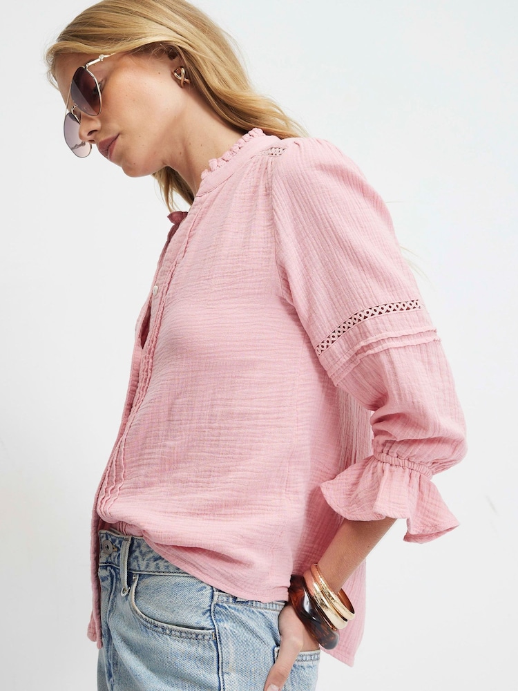 River Island Pink Cotton Frill Sleeve Pintuck Blouse - Image 4 of 4