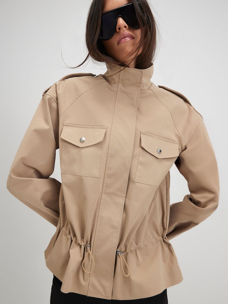 River Island Brown Funnel Neck Tie Waist Bomber Jacket - Image 1 of 4 River Island Brown Funnel Neck Tie Waist Bomber Jacket - Image 1 of 4