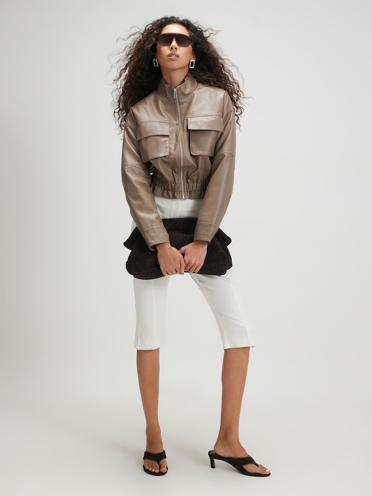 River Island Brown Funnel Neck Faux Leather Jacket - Image 1 of 4