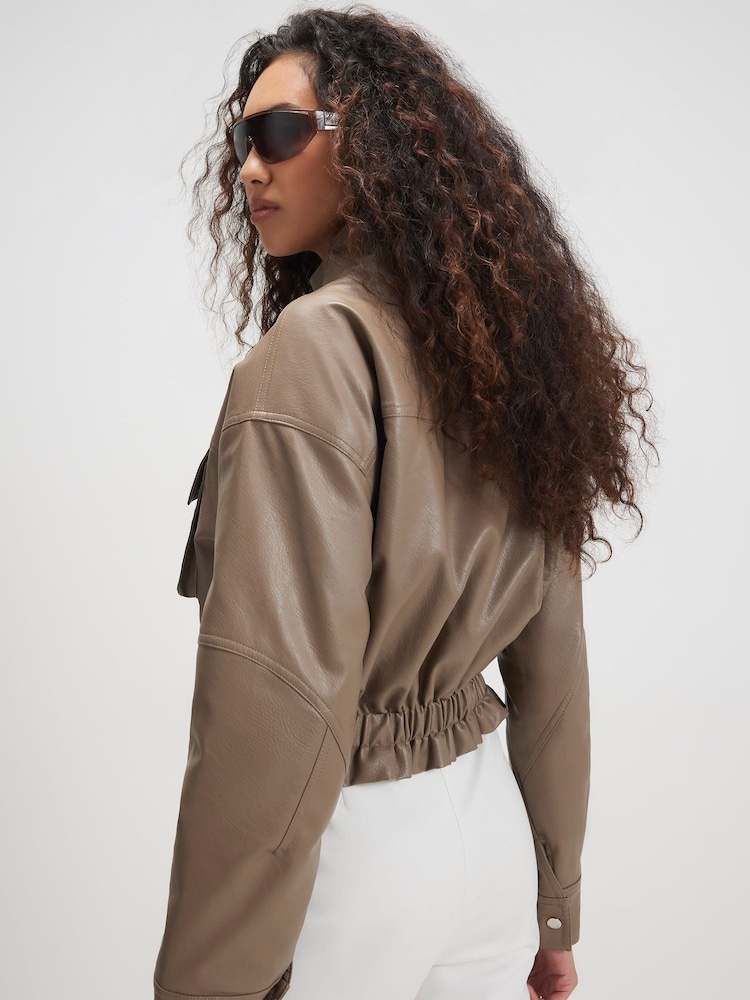 River Island Brown Funnel Neck Faux Leather Jacket - Image 2 of 4
