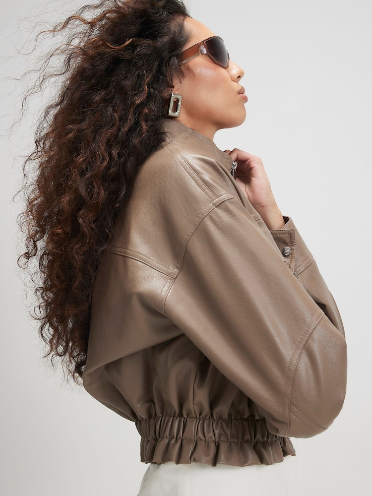 River Island Brown Funnel Neck Faux Leather Jacket - Image 4 of 4