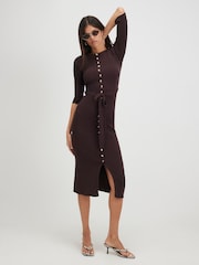 Brun - Robe mi-longue côtelée en maille Ceinturé River Island - Image 1 de 4