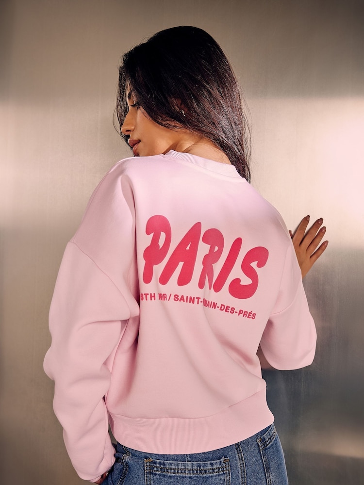 PixieGirl Petite Pink Paris Slogan Cropped Sweatshirt - Image 2 of 7