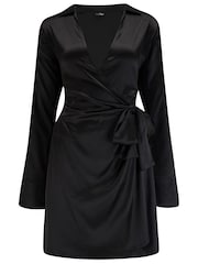 Pour Moi Black Louisa Satin Wrap Long Sleeve Short Dress - Image 3 of 4