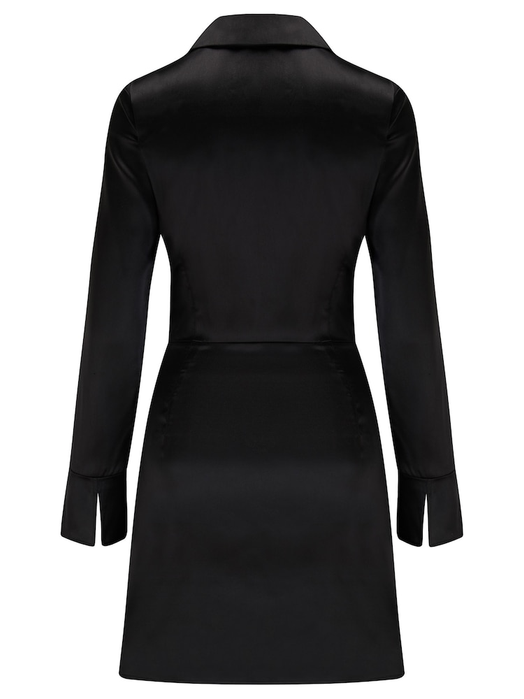 Pour Moi Black Louisa Satin Wrap Long Sleeve Short Dress - Image 4 of 4