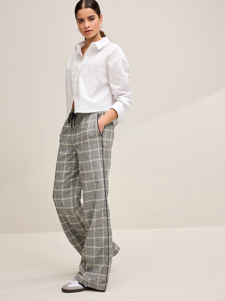 Grey Check Linen Blend Side Stripe Track Trousers - Image 1 of 6