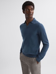 Reiss Petrol Blue Swifts Merino Wool Open Collar Top - Image 1 of 4