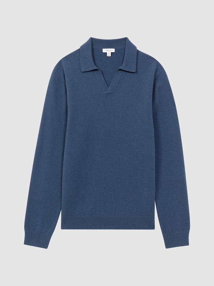 Reiss Petrol Blue Swifts Merino Wool Open Collar Top - Image 2 of 4