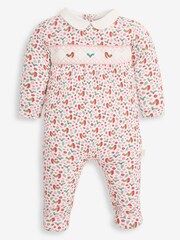 JoJo Maman Bébé Cream Robin Print Smocked Sleepsuit - Image 1 of 2