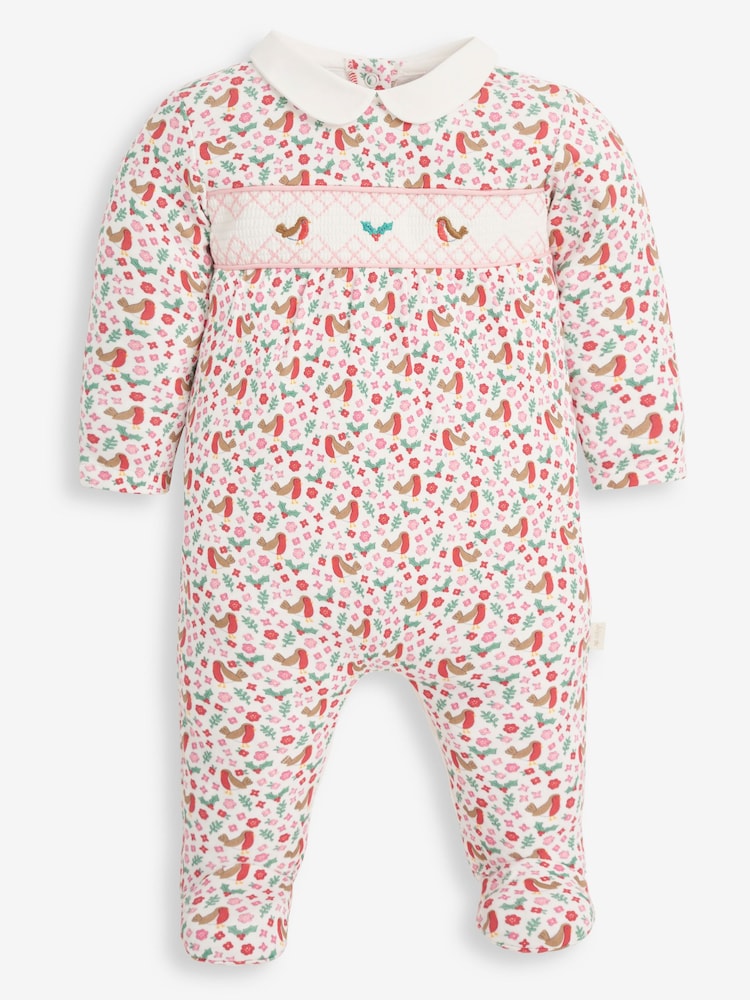 JoJo Maman Bébé Cream Robin Print Smocked Sleepsuit - Image 1 of 2