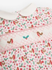 JoJo Maman Bébé Cream Robin Print Smocked Sleepsuit - Image 2 of 2