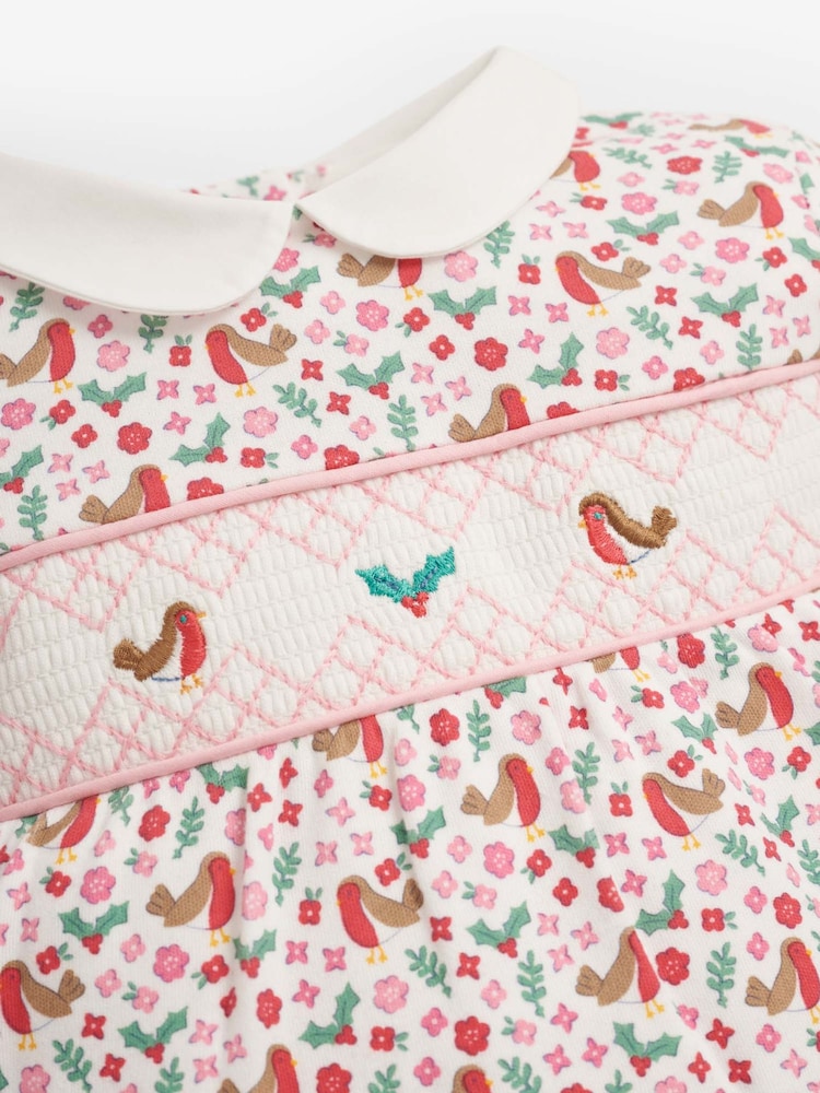 JoJo Maman Bébé Cream Robin Print Smocked Sleepsuit - Image 2 of 2