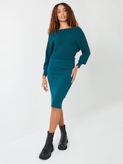 Threadbare Green Slash Neck Knitted Midi Dress - Image 1 of 4