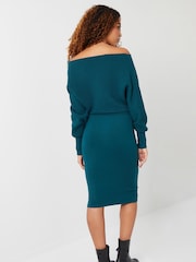 Threadbare Green Slash Neck Knitted Midi Dress - Image 2 of 4