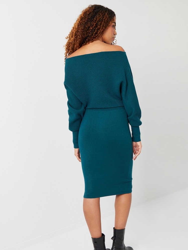 Threadbare Green Slash Neck Knitted Midi Dress - Image 2 of 4