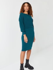Threadbare Green Slash Neck Knitted Midi Dress - Image 3 of 4