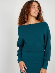 Threadbare Green Slash Neck Knitted Midi Dress - Image 4 of 4