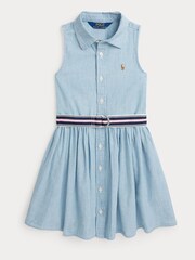 Polo Ralph Lauren Girls Blue Belted Cotton Chambray Shirt Dress - Image 1 of 4