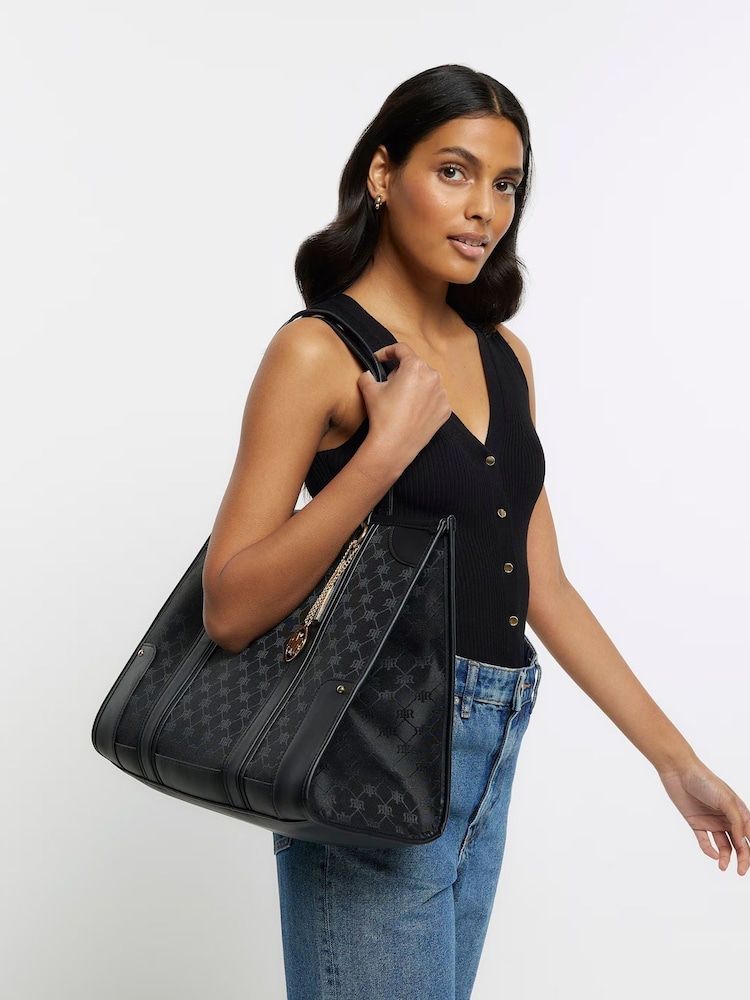 River Island Black Jacquard Panel Shopper Bag - Image 1 of 5 River Island Black Jacquard Panel Shopper Bag - Image 1 of 5