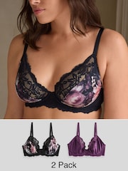 Floral Print/ Plum DD+ Non Pad Plunge DD+ Non Pad Full Cup Wired Plunge Microfibre Lace Bras 2 Pack - Image 1 of 10