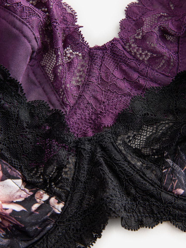 Floral Print/ Plum DD+ Non Pad Plunge DD+ Non Pad Full Cup Wired Plunge Microfibre Lace Bras 2 Pack - Image 10 of 10