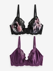 Floral Print/ Plum DD+ Non Pad Plunge DD+ Non Pad Full Cup Wired Plunge Microfibre Lace Bras 2 Pack - Image 7 of 10