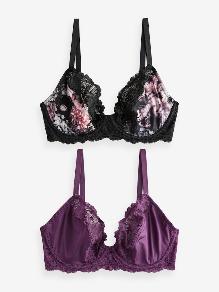 Floral Print/ Plum DD+ Non Pad Plunge DD+ Non Pad Full Cup Wired Plunge Microfibre Lace Bras 2 Pack - Image 1 of 1