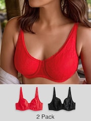 Red/Black DD+ Non Pad Full Cup Lace Detail Ultimate Comfort Bras 2 Pack - Image 1 of 11