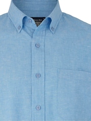 Savile Row Company Sky Blue Classic Fit Linen Cotton Blend Short Sleeve Casual Shirt - Image 5 of 5