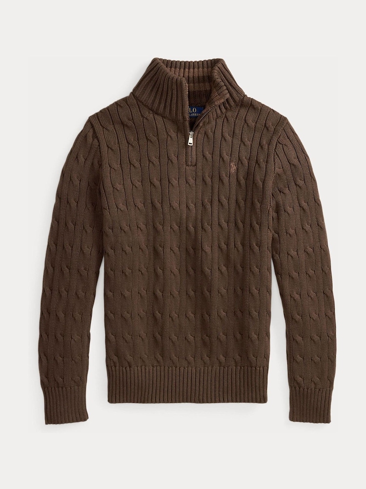 Polo Ralph Lauren Brown Logo Cable Knit Quarter Zip Jumper - Image 1 of 2 Polo Ralph Lauren Brown Logo Cable Knit Quarter Zip Jumper - Image 1 of 2